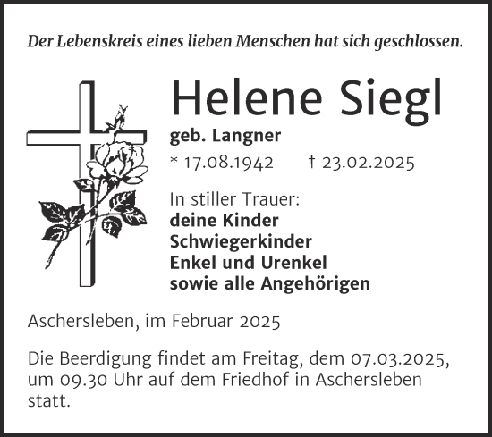 Traueranzeige von Helene Siegl von Trauerkombi Aschersleben