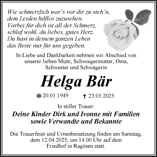 Traueranzeige von Helga Bär von Trauerkombi Wittenberg