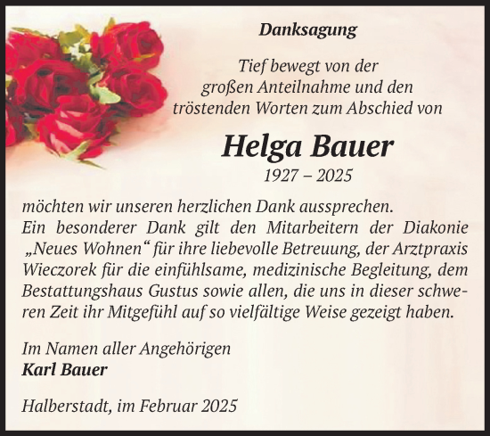 Traueranzeige von Helga Bauer von Volksstimme Halberstadt