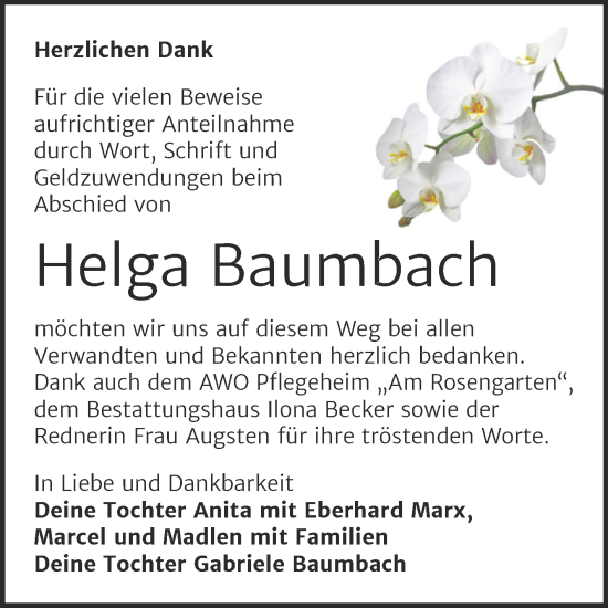 Traueranzeige von Helga Baumbach von Trauerkombi Sangerhausen