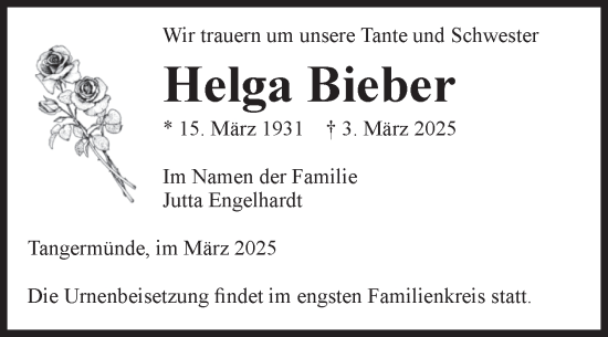 Traueranzeige von Helga Bieber von Volksstimme Altmark Ost