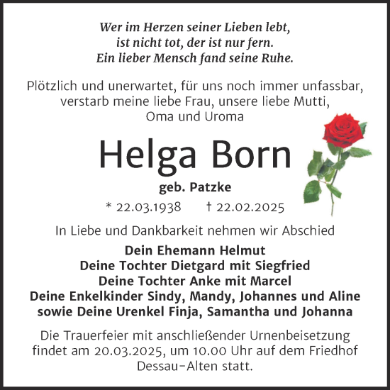 Traueranzeige von Helga Born von Trauerkombi Dessau
