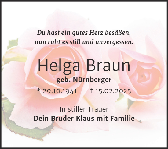 Traueranzeige von Helga Braun von Super Sonntag Naumburg/Nebra