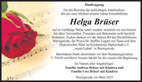 Traueranzeige von Helga Brüser von Volksstimme Wernigerode