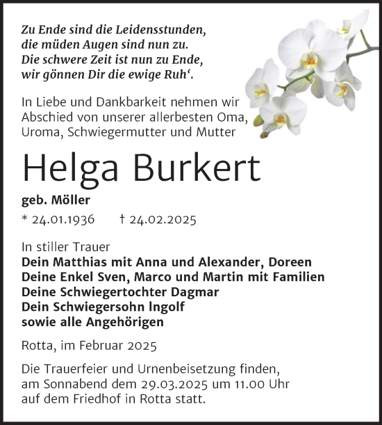 Traueranzeige von Helga Burkert von Trauerkombi Wittenberg