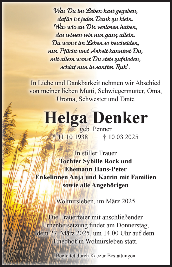 Traueranzeige von Helga Denker von Volksstimme Staßfurt
