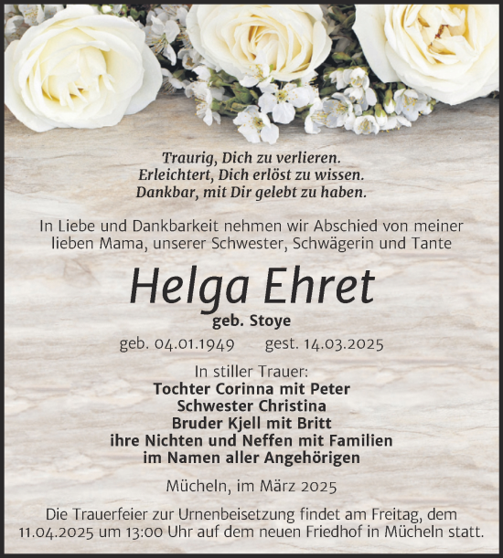 Traueranzeige von Helga Ehret von Trauerkombi Merseburg