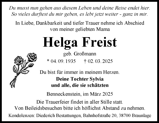 Traueranzeige von Helga Freist von Volksstimme Wernigerode