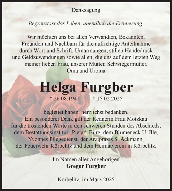 Traueranzeige von Helga Furgber von Volksstimme Burg/Genthin