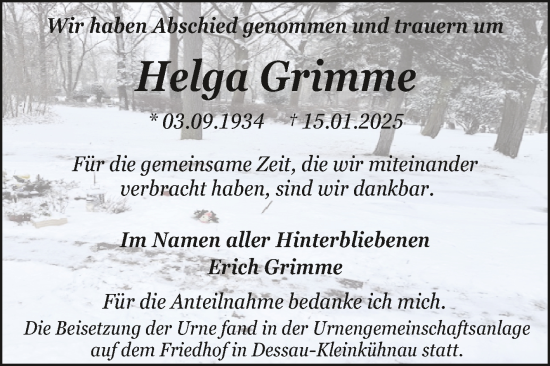 Traueranzeige von Helga Grimme von Trauerkombi Dessau