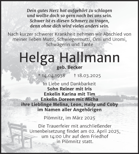 Traueranzeige von Helga Hallmann von Trauerkombi Bernburg