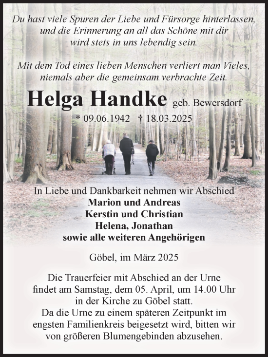 Traueranzeige von Helga Handke von Volksstimme Zerbst