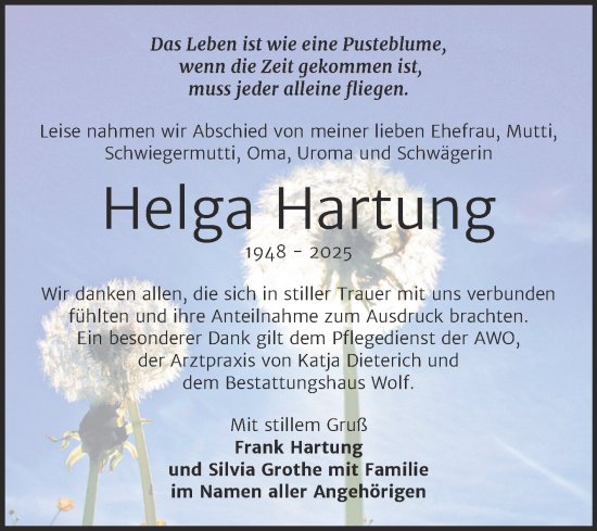 Traueranzeige von Helga Hartung von Trauerkombi Weißenfels
