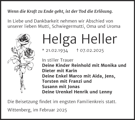 Traueranzeige von Helga Heller von Trauerkombi Wittenberg