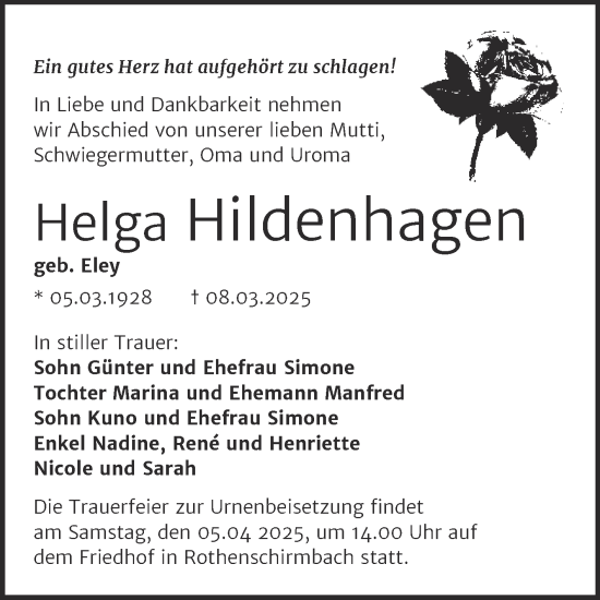 Traueranzeige von Helga Hildenhagen von Trauerkombi Mansfelder Land