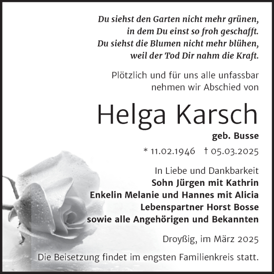 Traueranzeige von Helga Karsch von Trauerkombi Zeitz