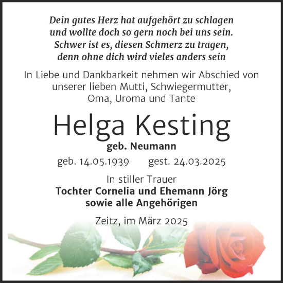Traueranzeige von Helga Kesting von Trauerkombi Zeitz