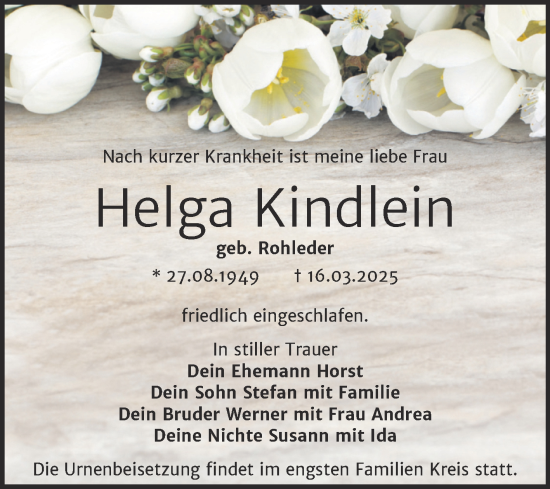Traueranzeige von Helga Kindlein von Trauerkombi Merseburg