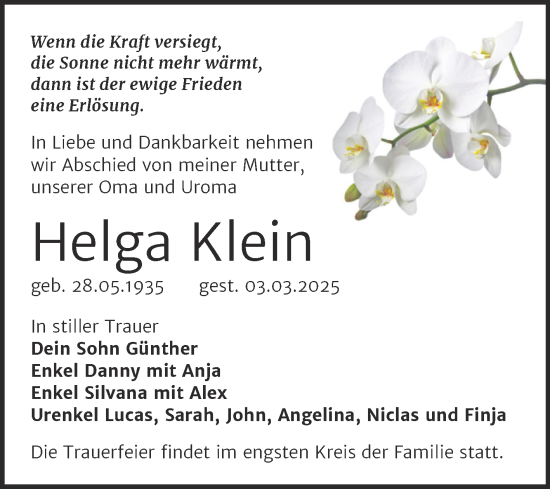 Traueranzeige von Helga Klein von Trauerkombi Wittenberg