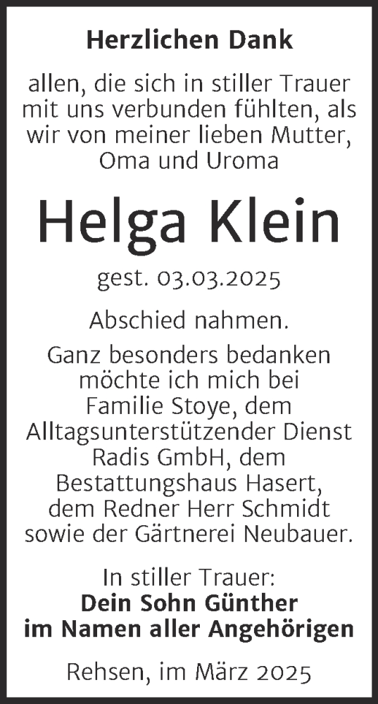 Traueranzeige von Helga Klein von Trauerkombi Wittenberg