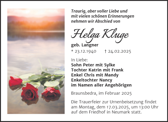 Traueranzeige von Helga Kluge von Trauerkombi Merseburg