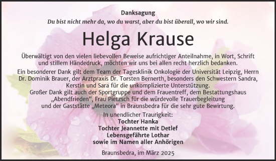 Traueranzeige von Helga Krause von Trauerkombi Merseburg
