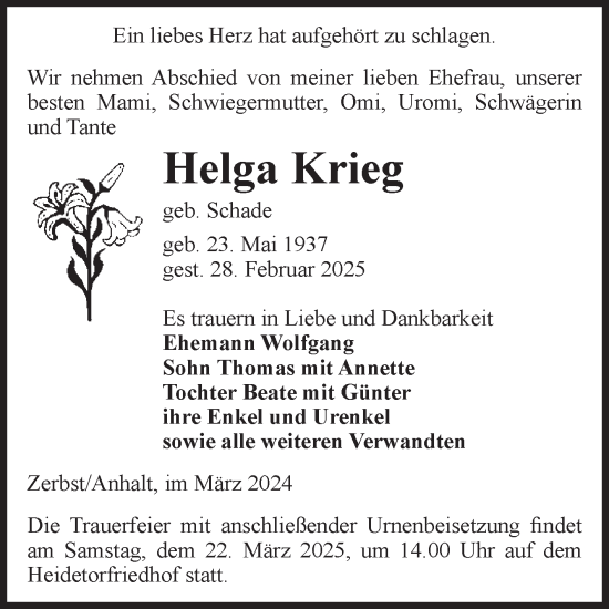 Traueranzeige von Helga Krieg von Volksstimme Zerbst