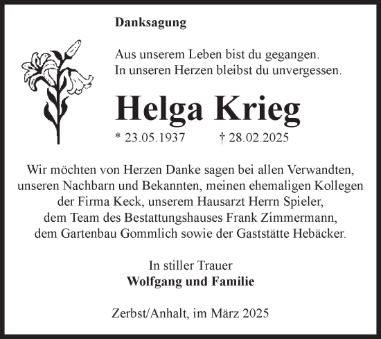 Traueranzeige von Helga Krieg von Volksstimme Zerbst