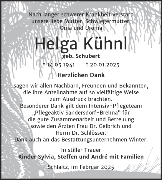 Traueranzeige von Helga Kühnl von Trauerkombi Bitterfeld