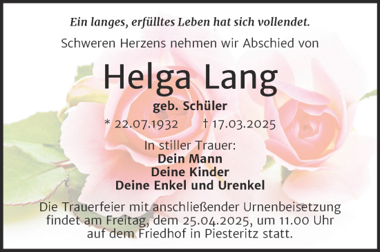 Traueranzeige von Helga Lang von Trauerkombi Wittenberg