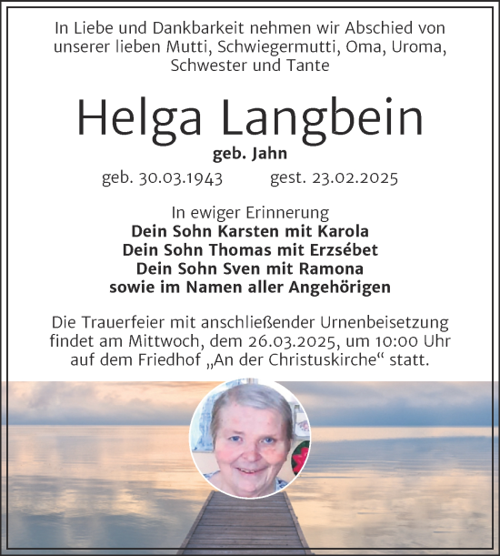 Traueranzeige von Helga Langbein von Trauerkombi Wittenberg