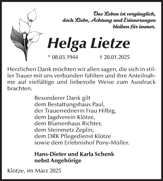 Traueranzeige von Helga Lietze von Volksstimme Altmark West
