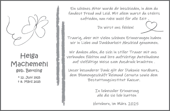 Traueranzeige von Helga Machemehl von Super Sonntag Quedlingburg