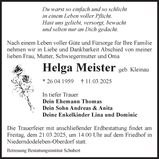 Traueranzeige von Helga Meister von Volksstimme Haldensleben/Wolmirstedt