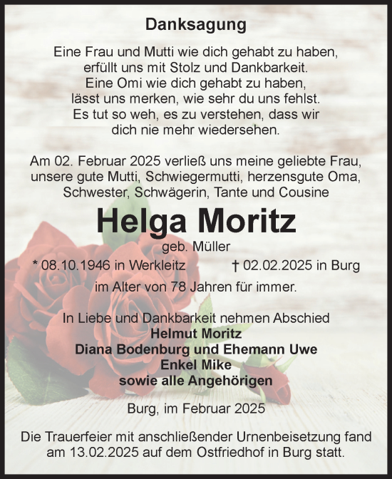 Traueranzeige von Helga Moritz von Volksstimme Burg/Genthin