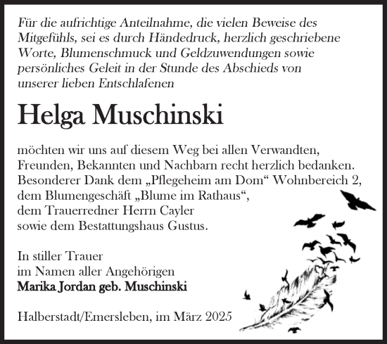 Traueranzeige von Helga Muschinski von Volksstimme Halberstadt