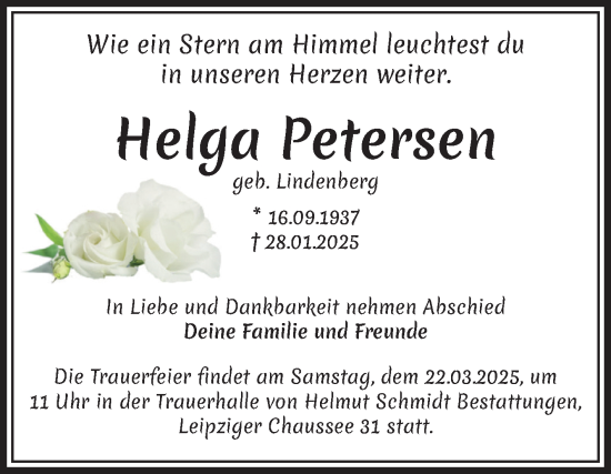Traueranzeige von Helga Petersen von Volksstimme Magdeburg