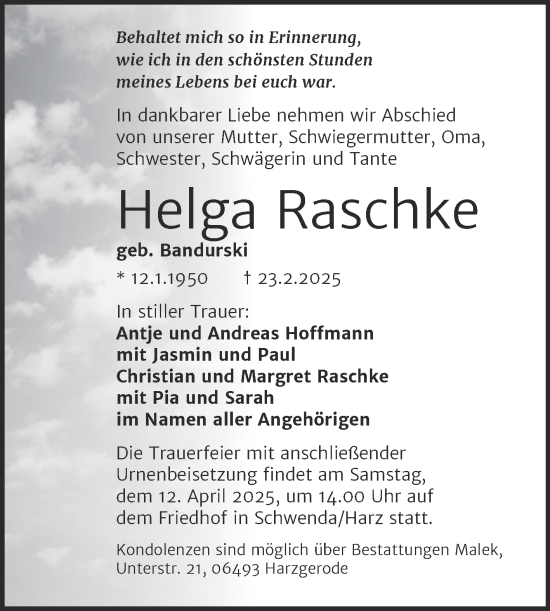 Traueranzeige von Helga Raschke von Trauerkombi Mansfelder Land
