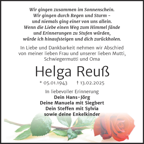 Traueranzeige von Helga Reuß von Trauerkombi Aschersleben