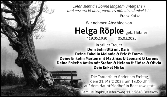 Traueranzeige von Helga Röpke von Volksstimme Magdeburg