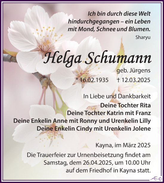 Traueranzeige von Helga Schumann von Trauerkombi Zeitz