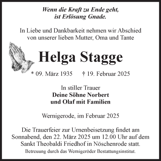Traueranzeige von Helga Stagge von Volksstimme Wernigerode