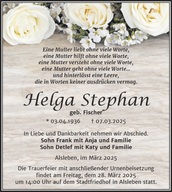Traueranzeige von Helga Stephan von Trauerkombi Bernburg