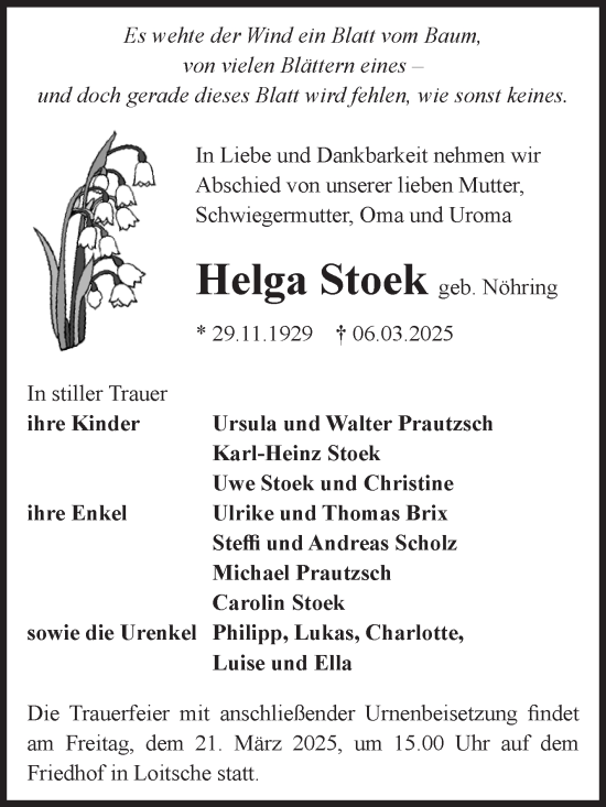 Traueranzeige von Helga Stoek von Volksstimme Haldensleben/Wolmirstedt