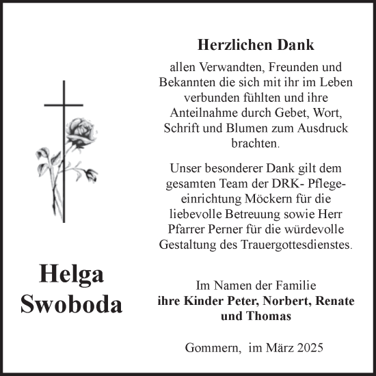 Traueranzeige von Helga Swoboda von Volksstimme Burg/Genthin