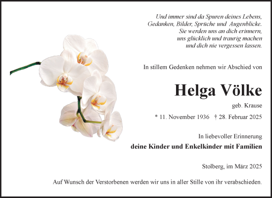 Traueranzeige von Helga Völke von Trauerkombi Sangerhausen