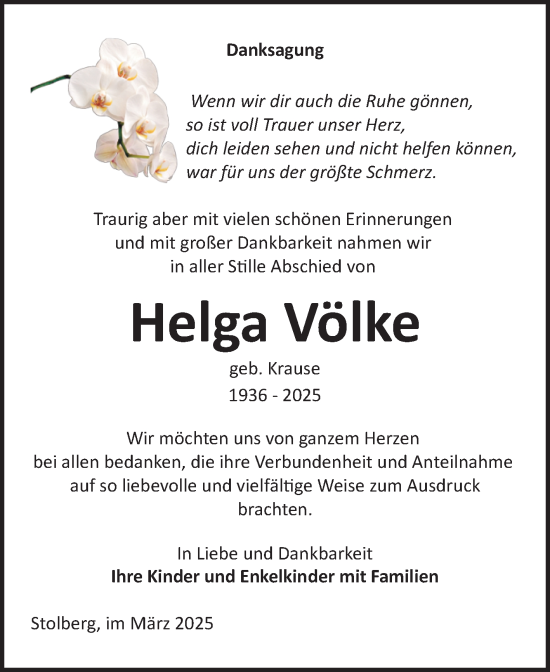 Traueranzeige von Helga Völke von Trauerkombi Sangerhausen