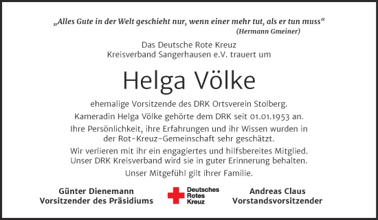 Traueranzeige von Helga Völke von Super Sonntag Sangerhausen