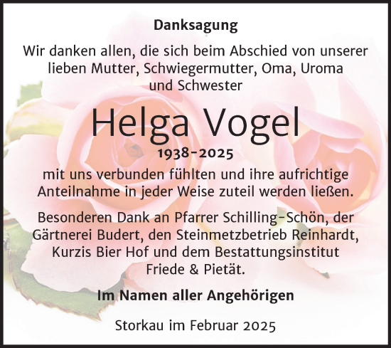 Traueranzeige von Helga Vogel von Trauerkombi Weißenfels