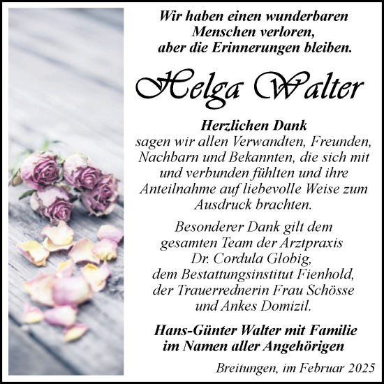 Traueranzeige von Helga Walter von Trauerkombi Sangerhausen